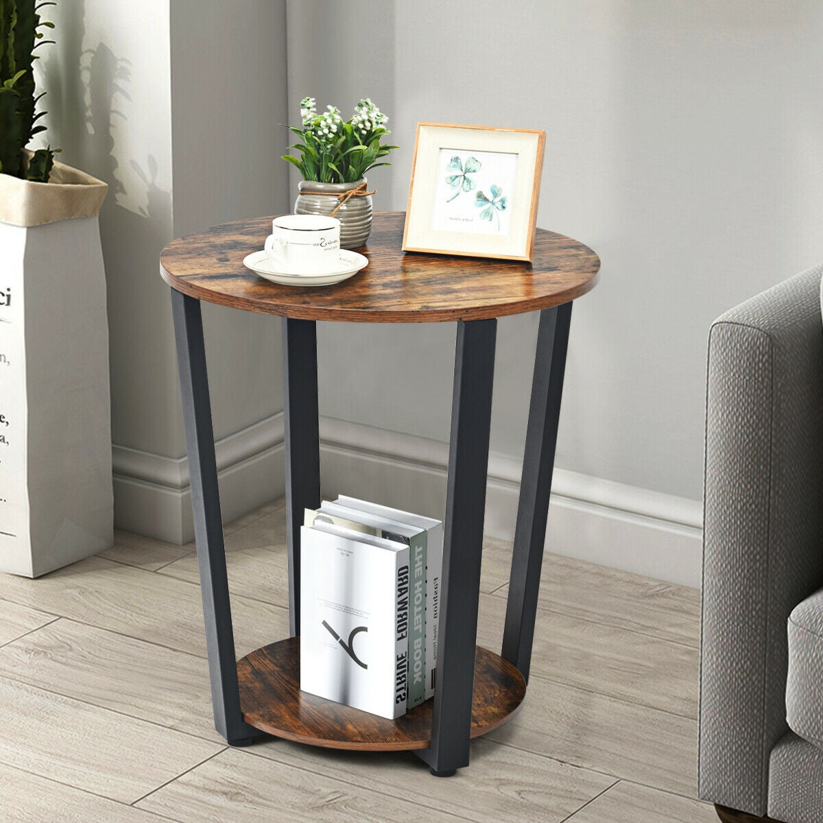 2-Tier Round End Table with Storage Shelf, Oak