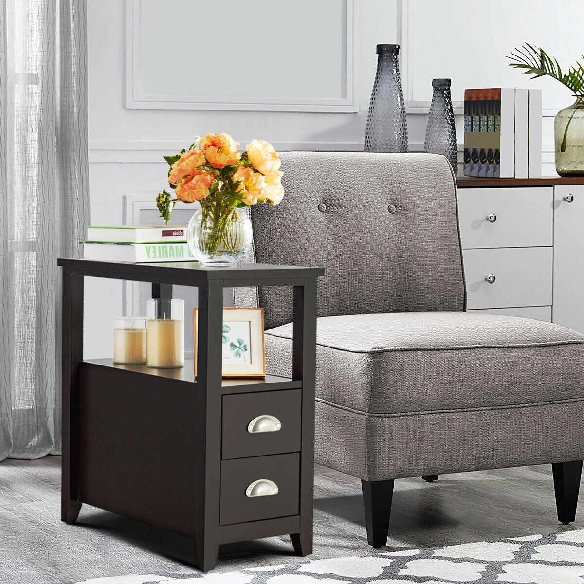 Rectangular Wooden Nightstand with 2 Drawers & Shelf, Dark Brown