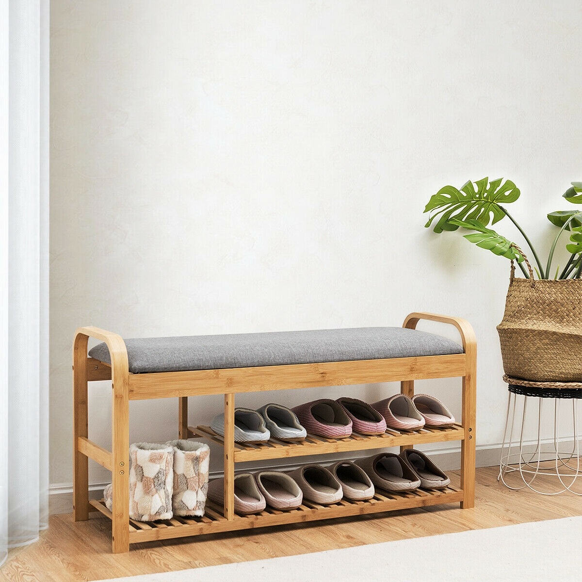 Bamboo Shoe Rack Bench with Cushion - 40", Natural