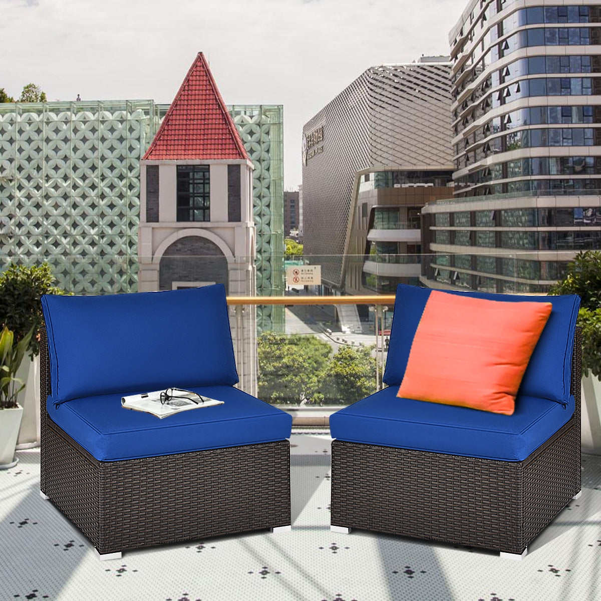 2 Pieces Patio Rattan Armless Sofa Set with Cushions and Pillows