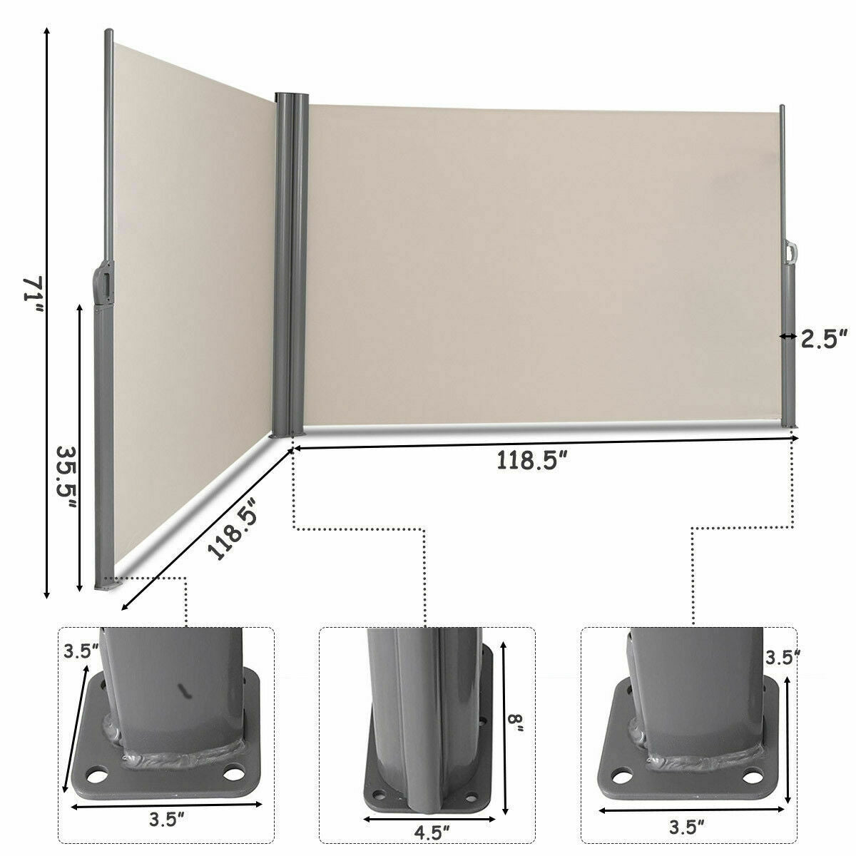 237 x 71 Inch Patio Retractable Double Folding Side Awning Screen