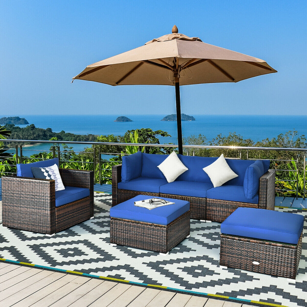 6-Piece Patio Rattan Sectional Set with Cushions - Blue