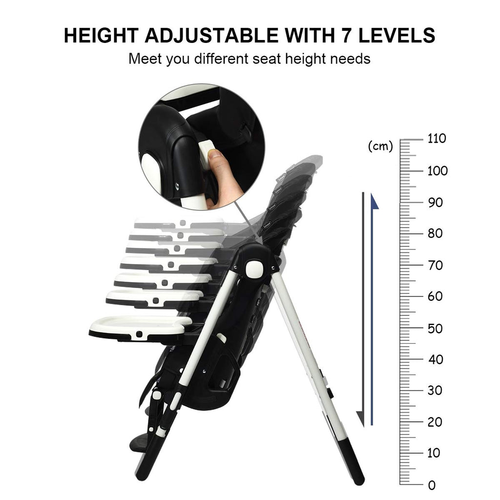 Foldable Baby High Chair with Adjustable Backrests & Safety Restraint - Black