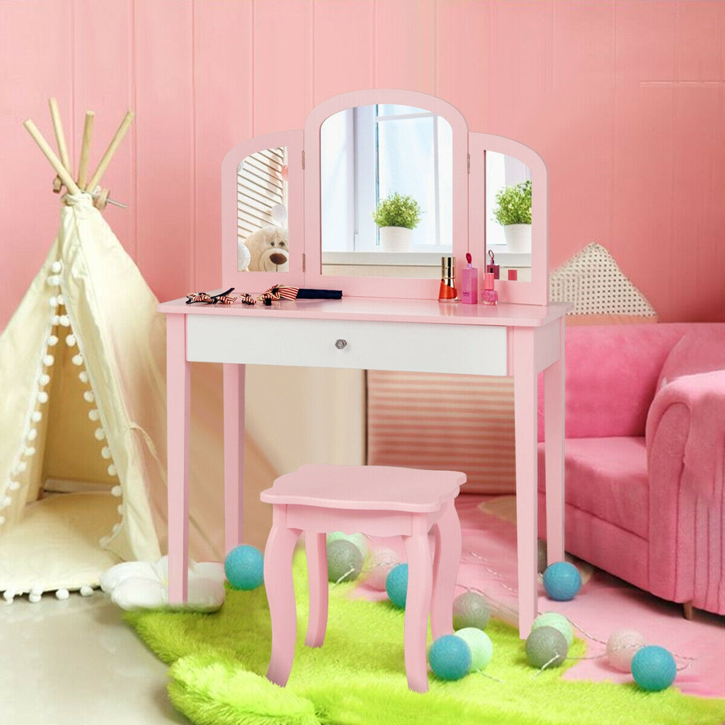 Kids Vanity Dressing Table with Tri-Fold Mirror and Chair - Pink, No Lights & Mirror
