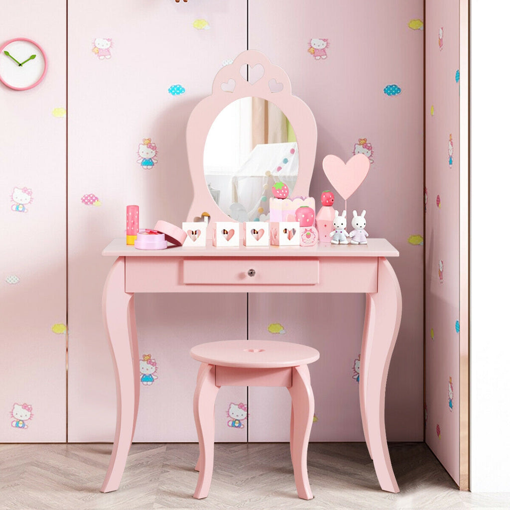 Kids Princess Makeup Dressing Play Table Set with Mirror - Pink