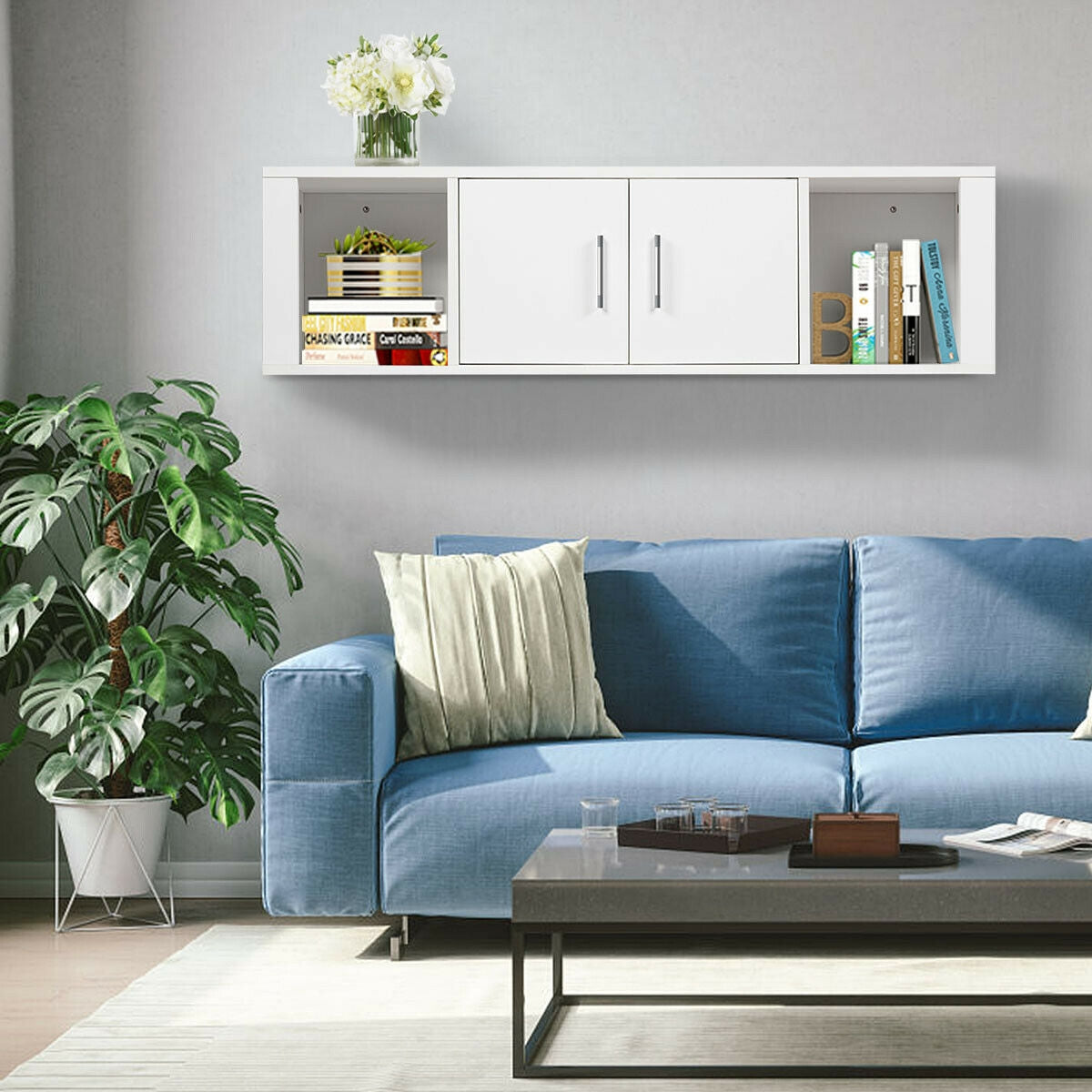 Wall-Mounted Floating Desk Hutch with 2 Doors & Shelves - Black