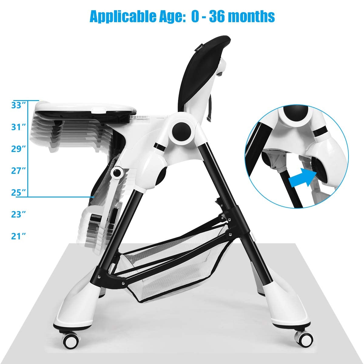 A-Shaped Baby High Chair with Lockable Wheels, Black - Foldable & Safe