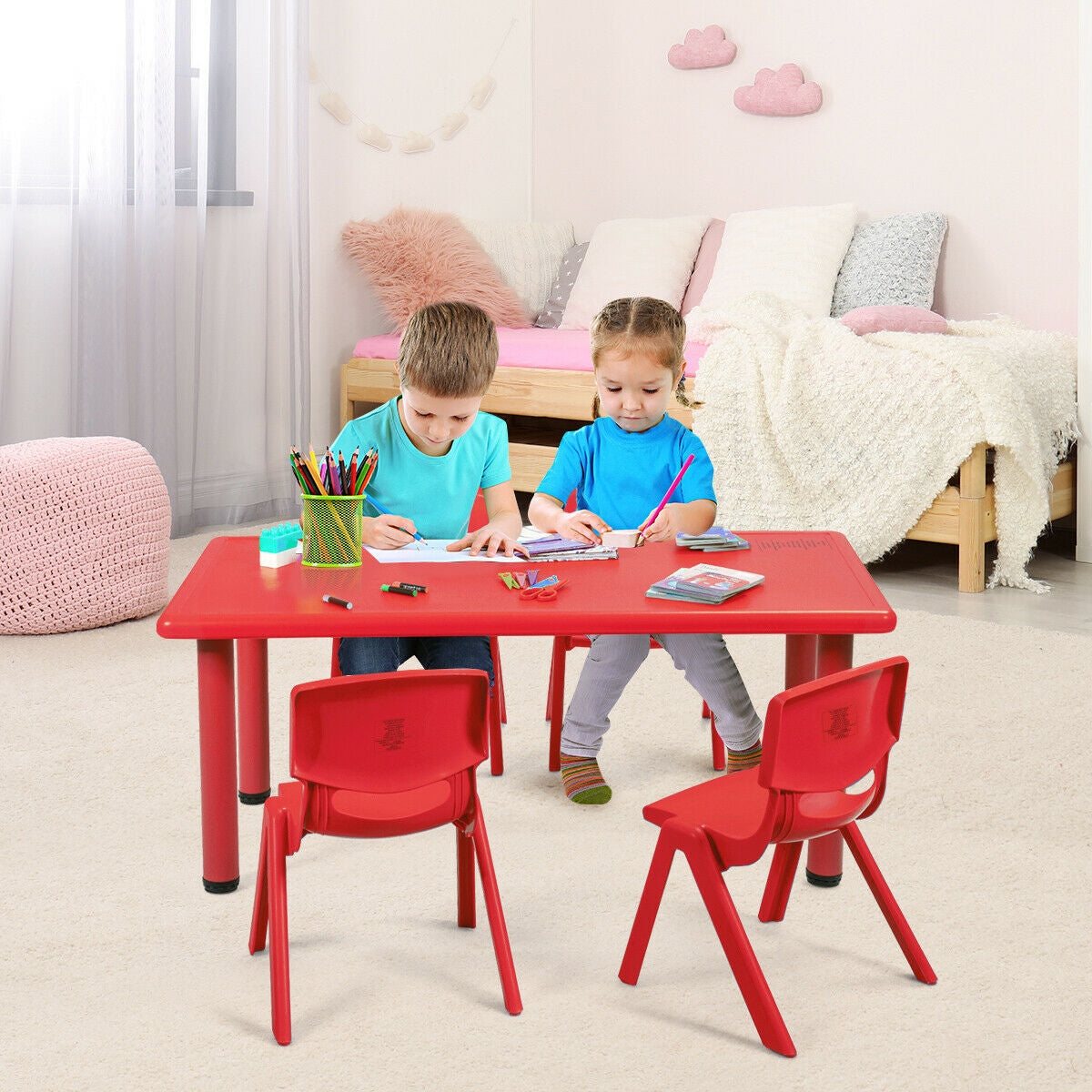 Kids Plastic Rectangular Play and Learning Table - Red
