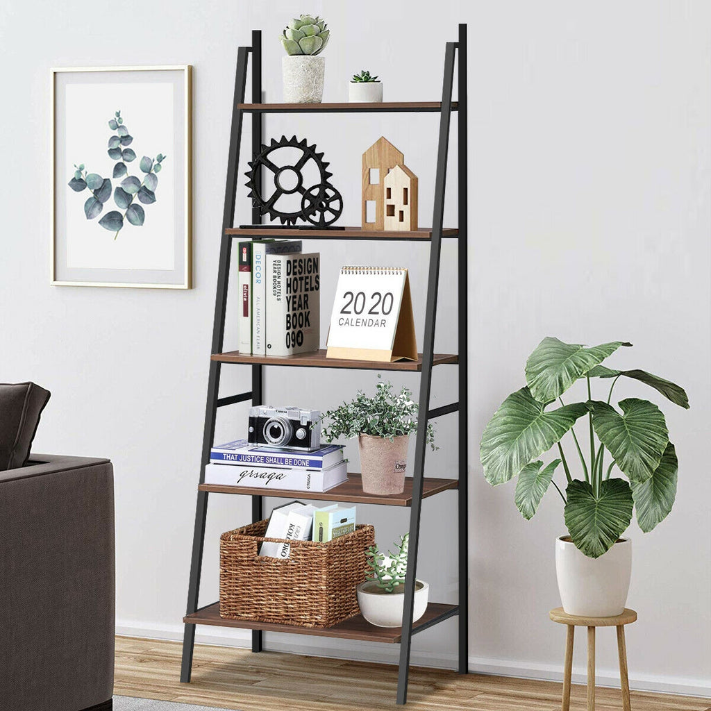 5-Tier Leaning Bookshelf Wood Metal Bookcase
