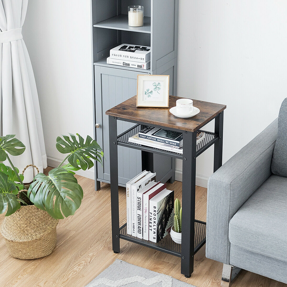 3-Tier Industrial End Table with Metal Mesh Shelves