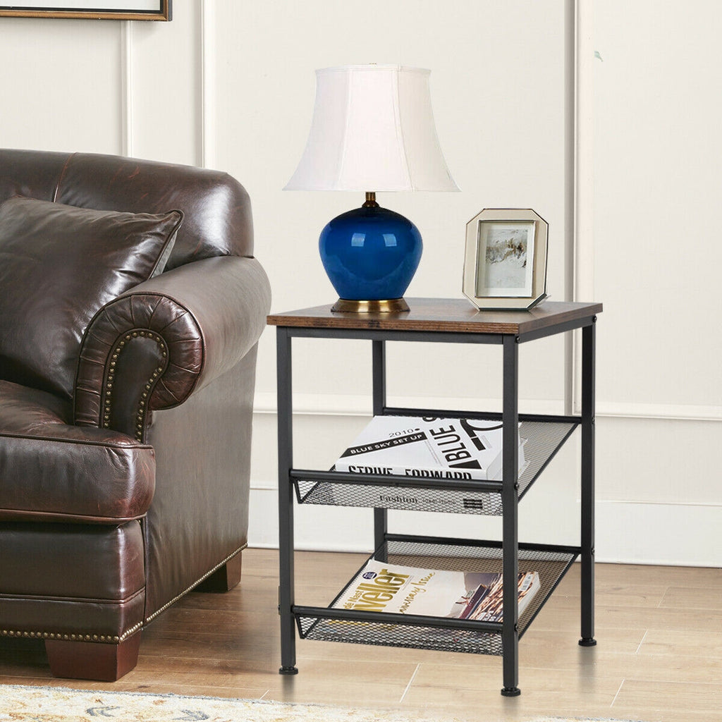 3-Tier Industrial End Table with Mesh Shelves – Adjustable