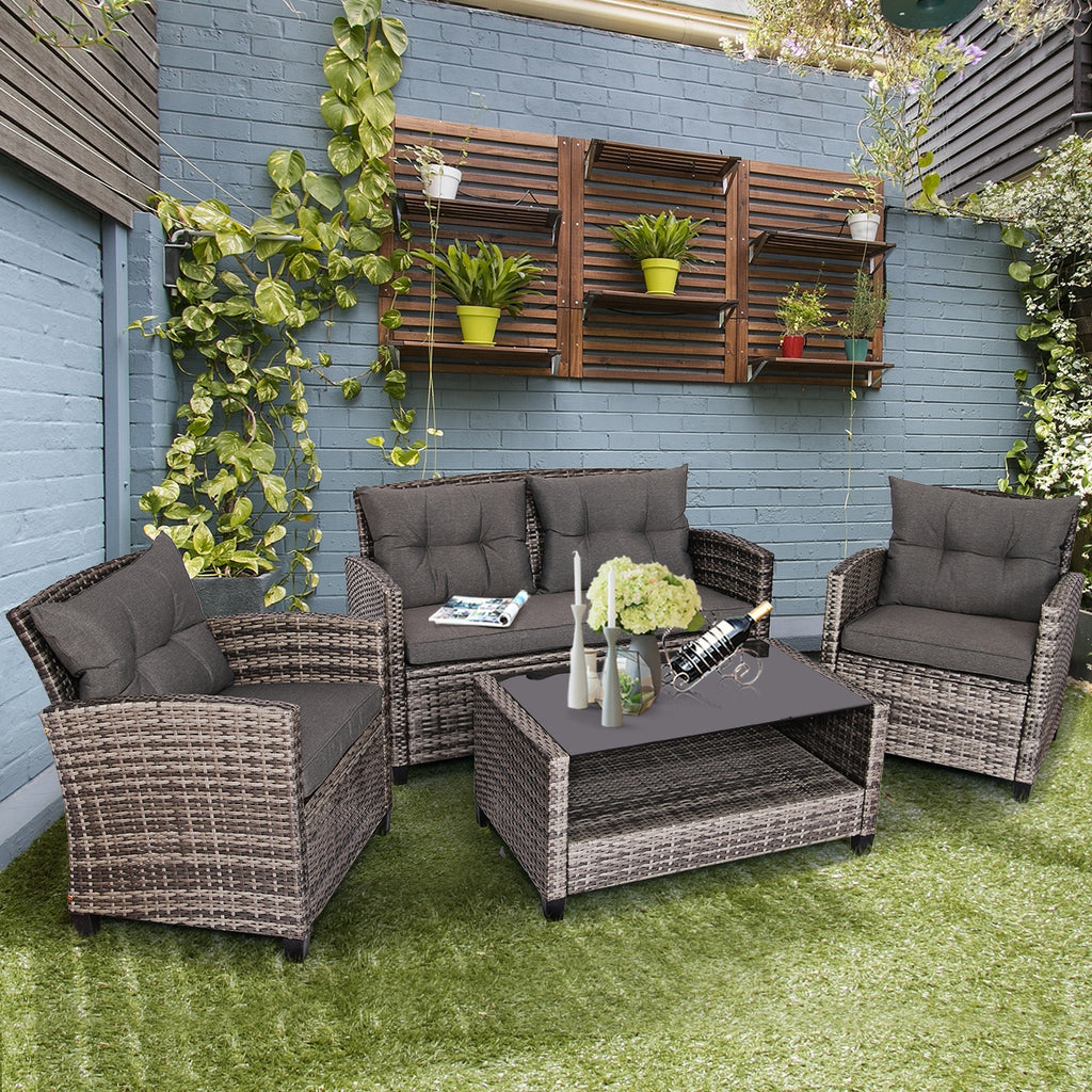 4-Piece Patio Rattan Furniture Set with Loveseat, Sofas & Coffee Table - Gray