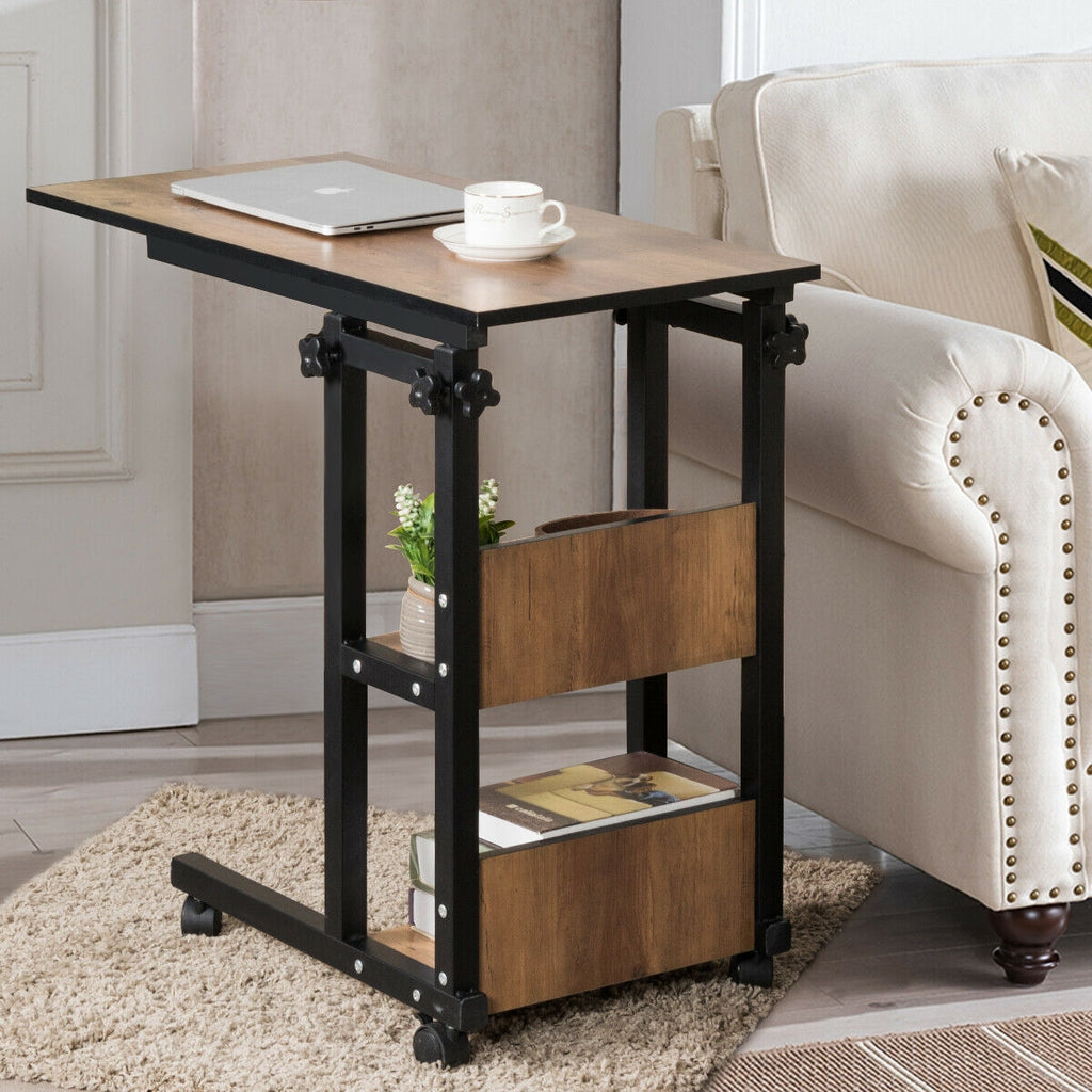 C-Shape Mobile End Table with Storage Shelves