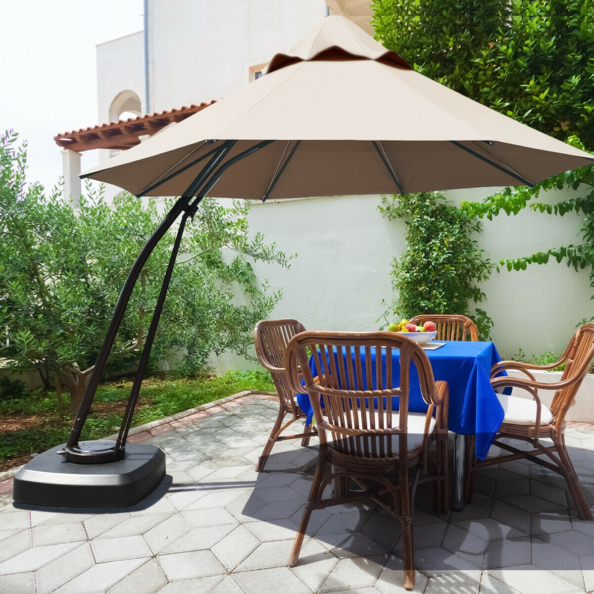 11 Feet Outdoor Cantilever Hanging Umbrella with Base and Wheels