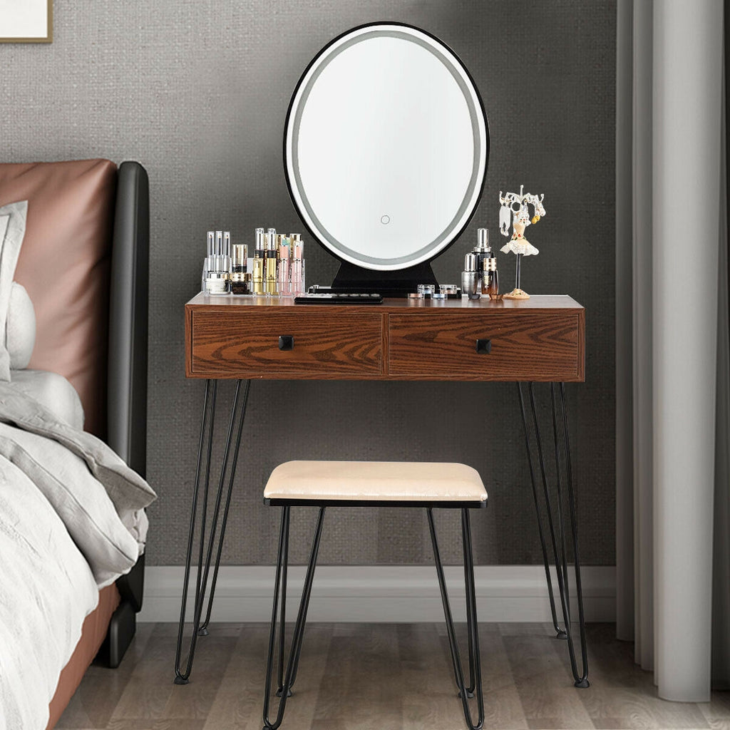 Makeup Dressing Table with LED Lighting - Rustic Brown