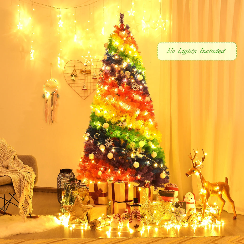 7 Feet Artificial Christmas Tree with Rainbow Tips and Metal Stand