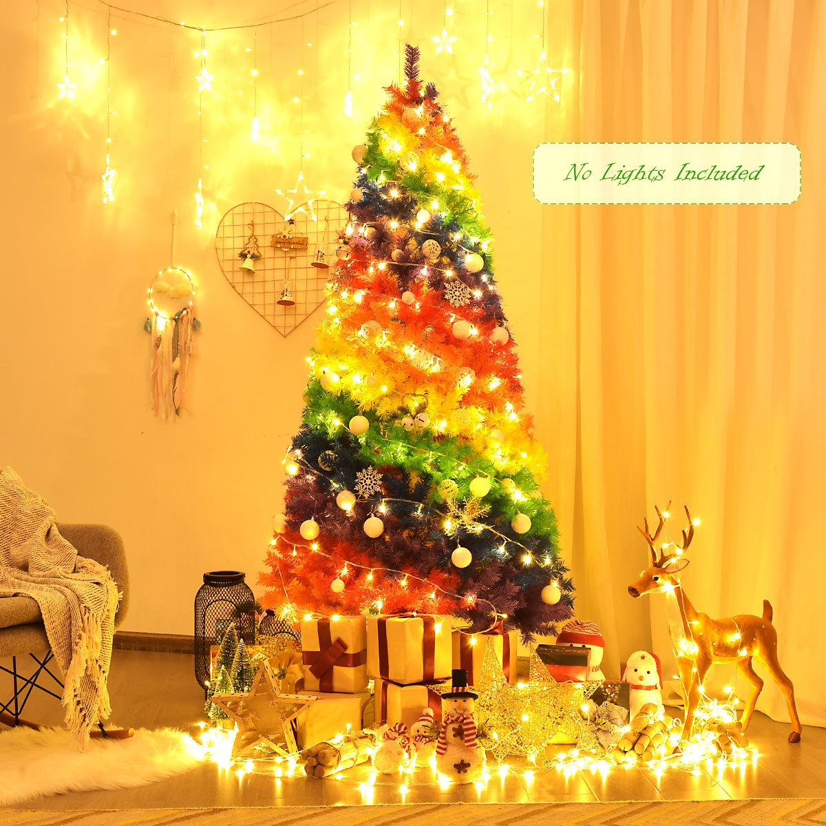 7 Feet Artificial Christmas Tree with Rainbow Tips and Metal Stand