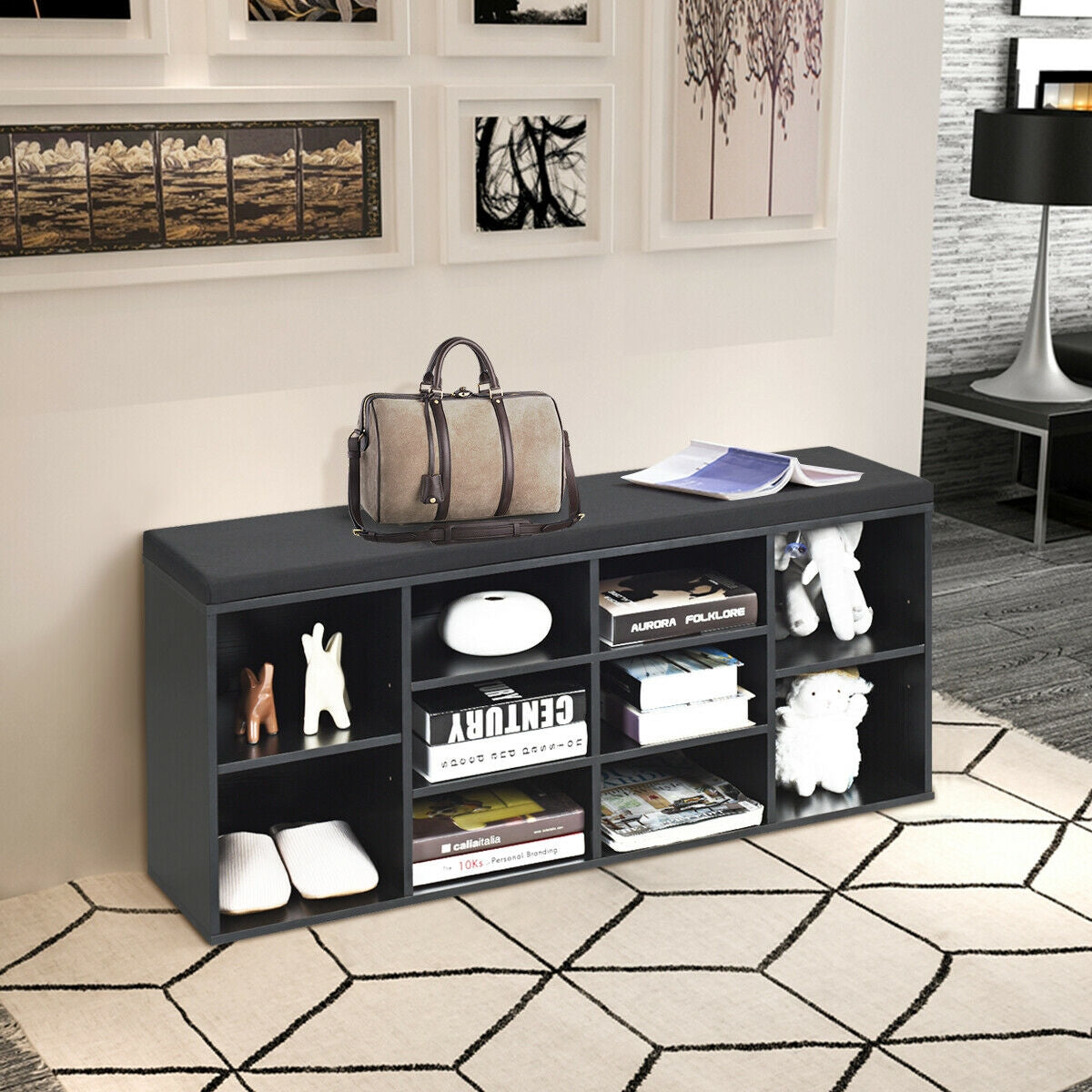 10-Cube Shoe Storage Bench with Cushion - White