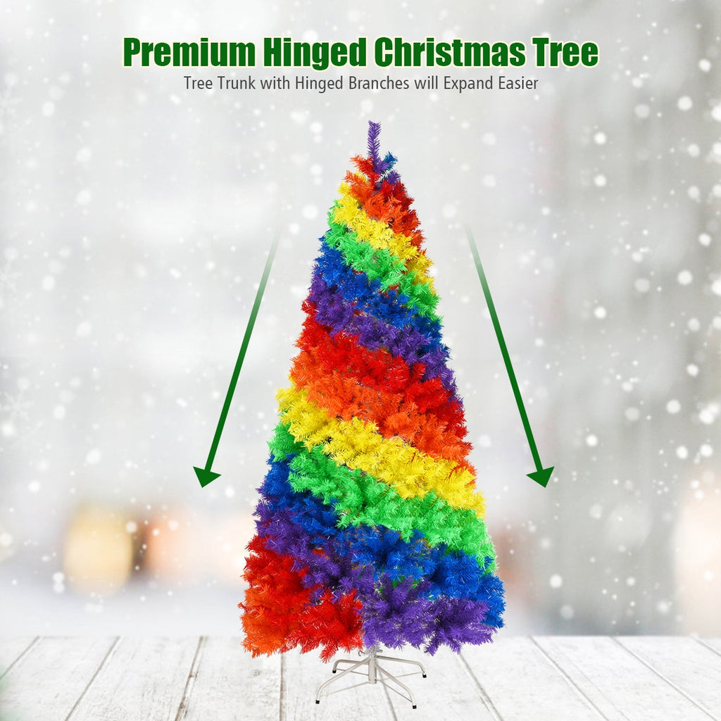 7 Feet Artificial Christmas Tree with Rainbow Tips and Metal Stand