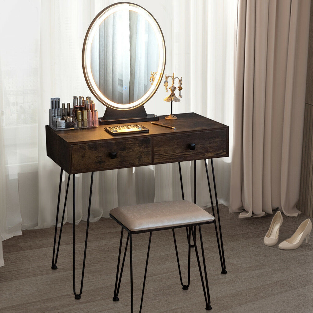 Makeup Dressing Table with LED Lighting - Rustic Brown