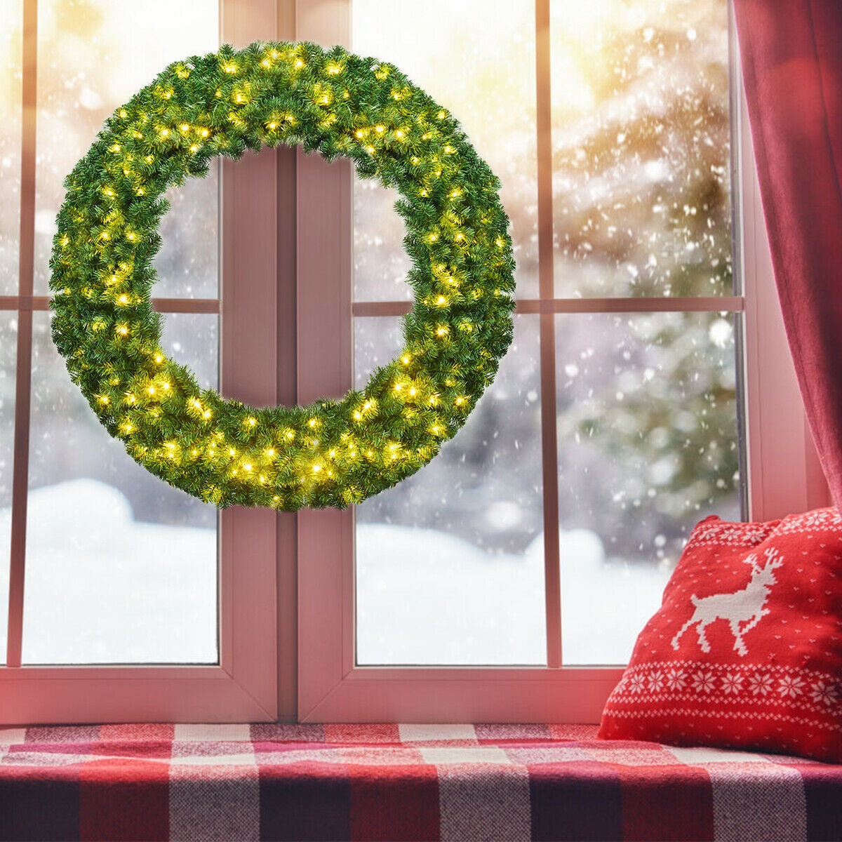 48 Inch Pre-lit Artificial Christmas Wreath with LED Lights - Full Lush Design