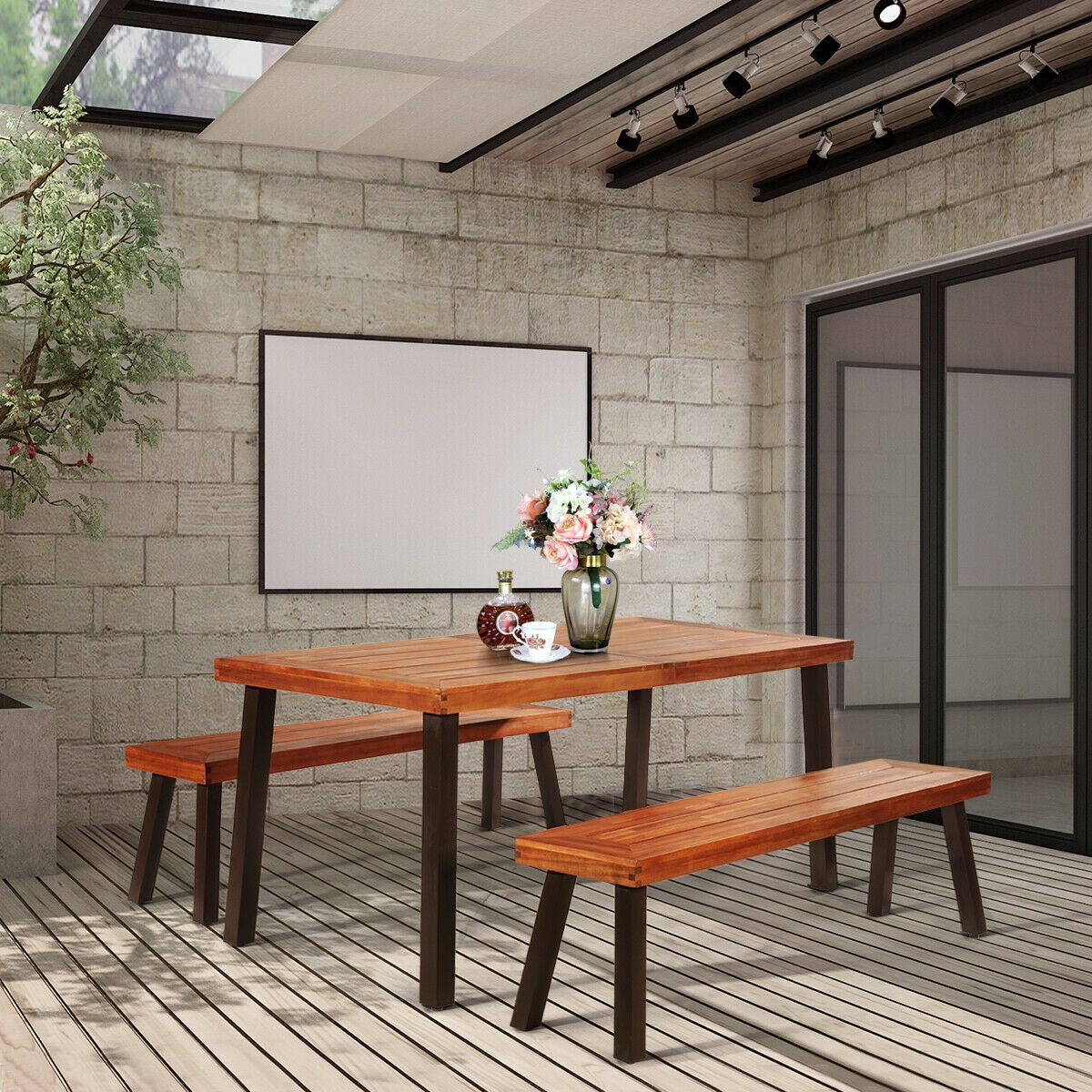 Acacia Wood Dining Table 67.5" x 32" with Umbrella Hole