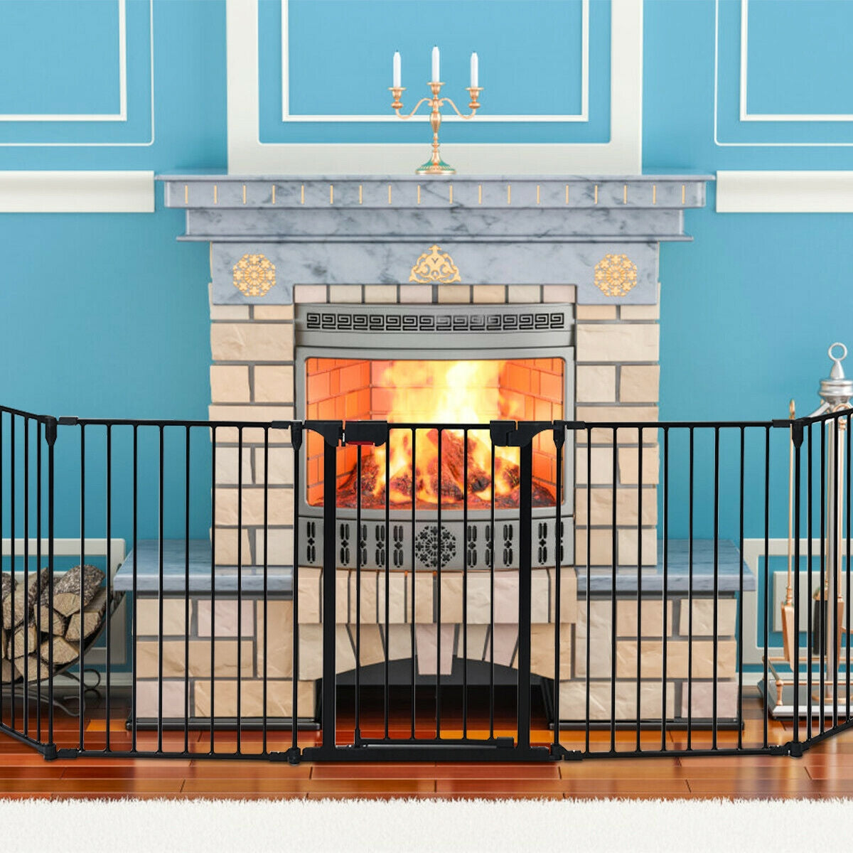 5-Panel Adjustable Metal Fireplace Fence with Locking Door - Black, 115 Inch