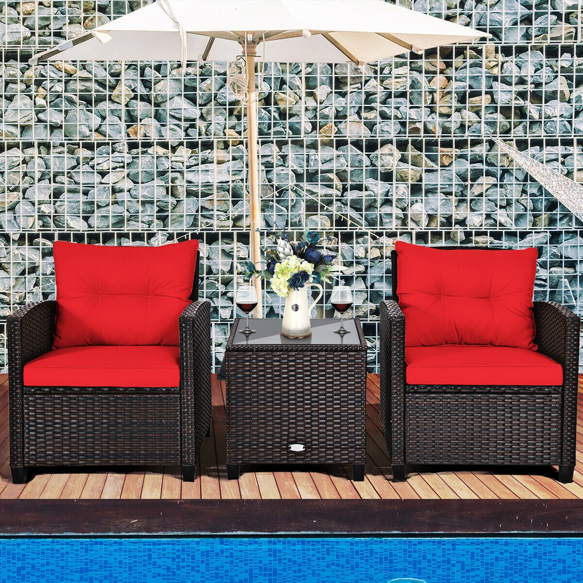 3-Piece Rattan Patio Furniture Set with Cushions - Brown & White