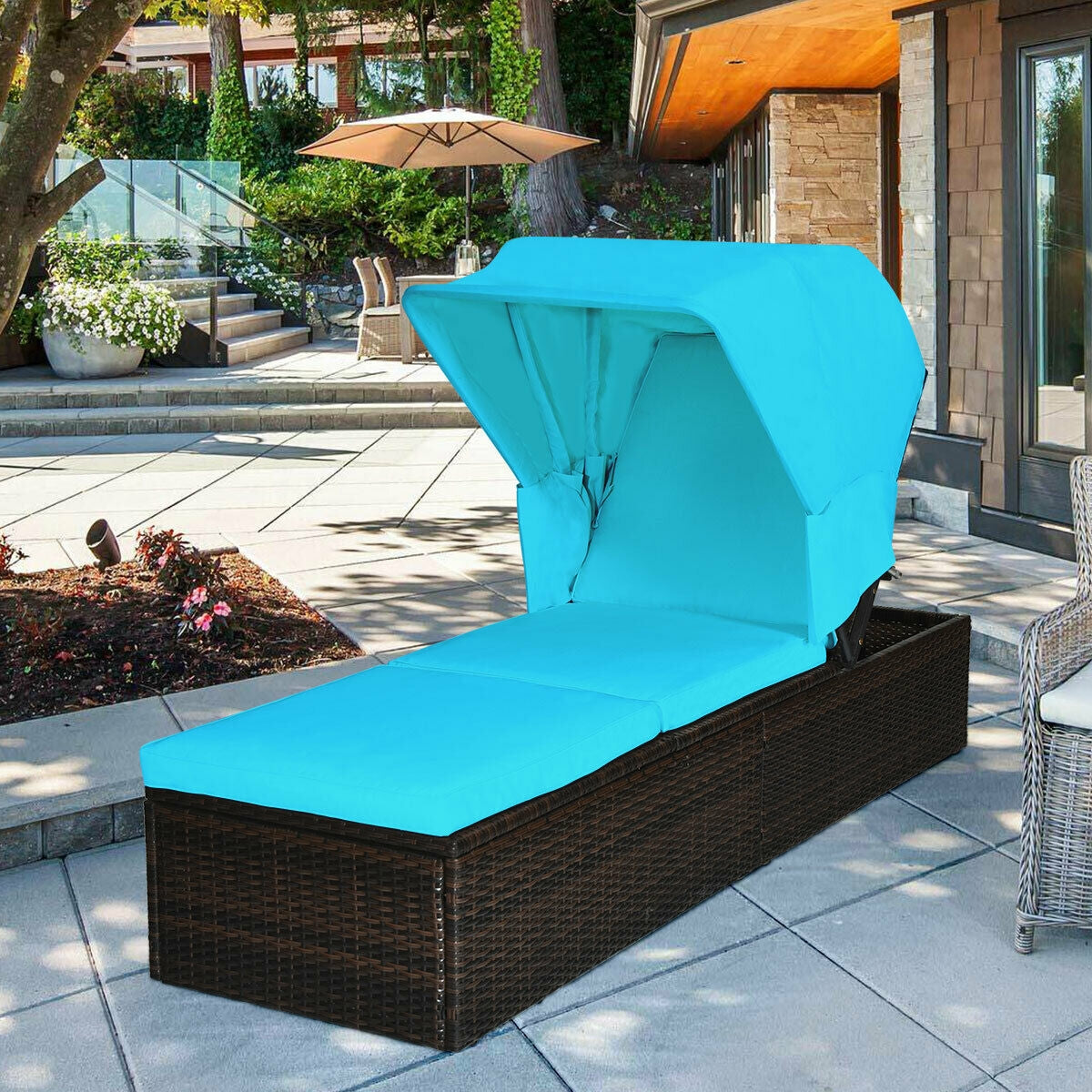 Outdoor Chaise Lounge Chair with Folding Canopy