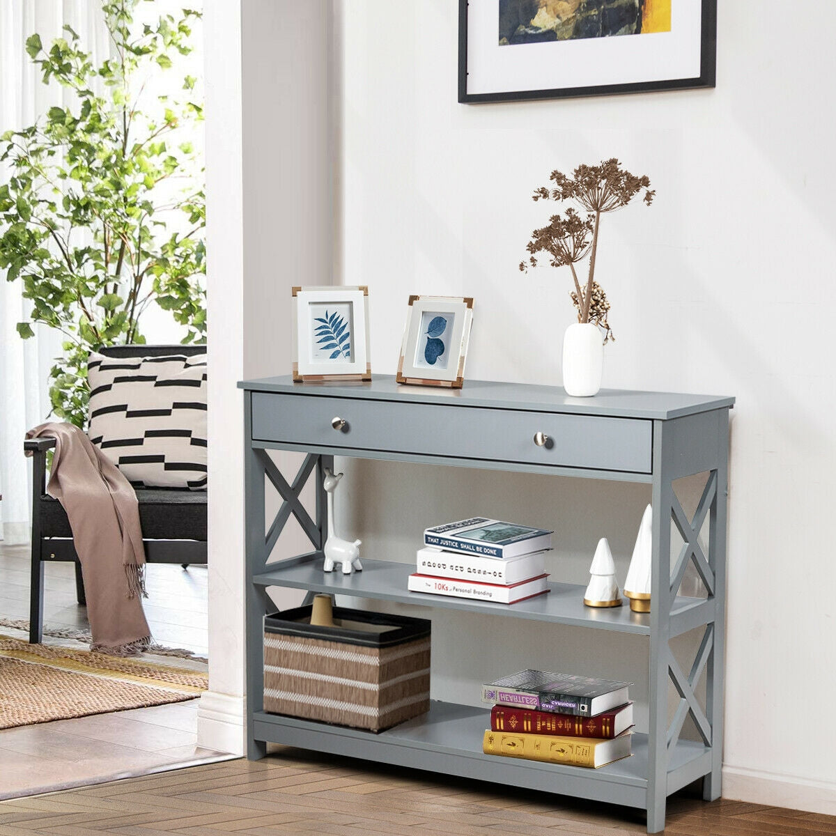 Console Table 3-Tier with Drawer and Storage Shelves