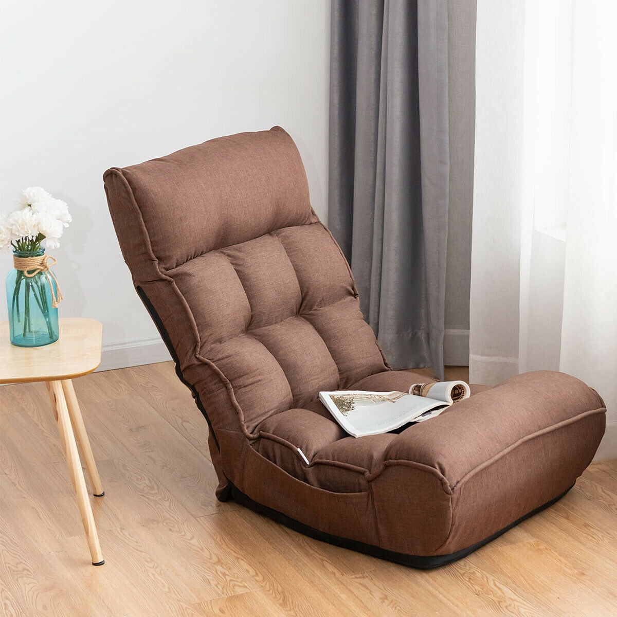 4-Position Adjustable Floor Chair Folding Lazy Sofa - Coffee