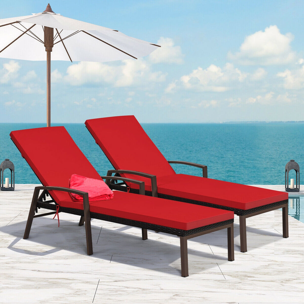 Patio Rattan Reclining Chaise Lounge Chair with Cushion – Red