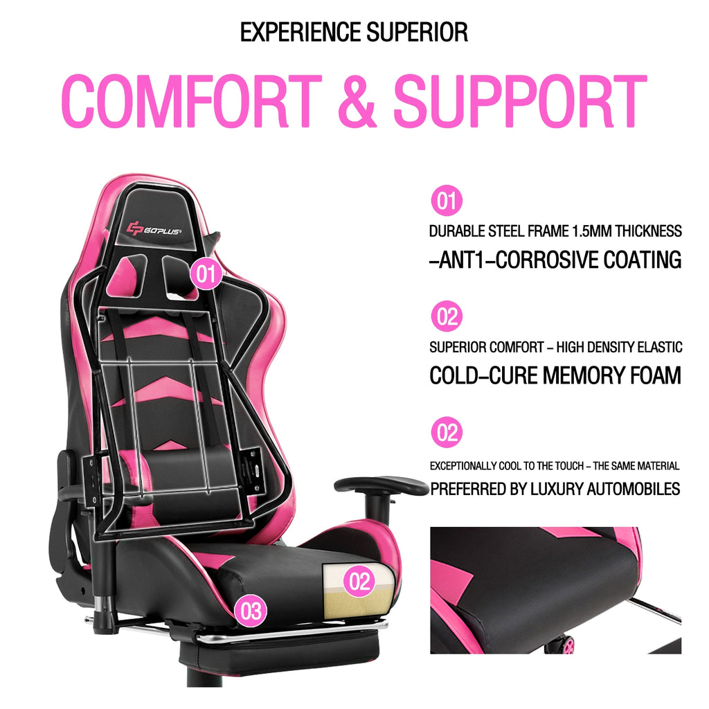 Massage Gaming Chair with Footrest - Pink