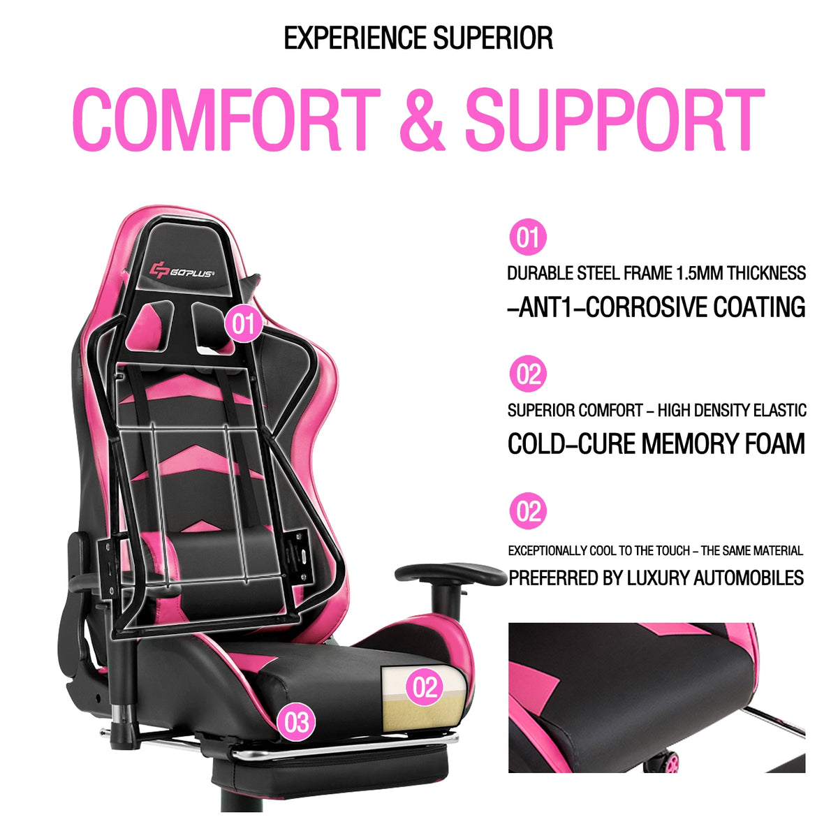 Massage Gaming Chair with Footrest - Pink