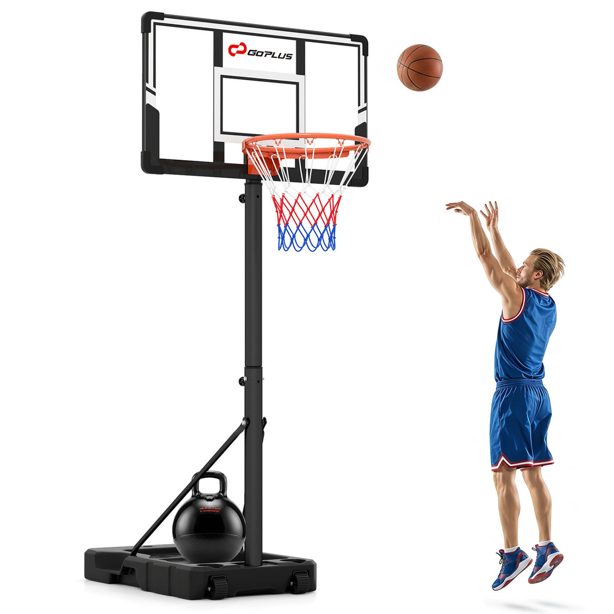 Portable Basketball Hoop with Adjustable Height 3.3-10 Feet, Base & Wheels