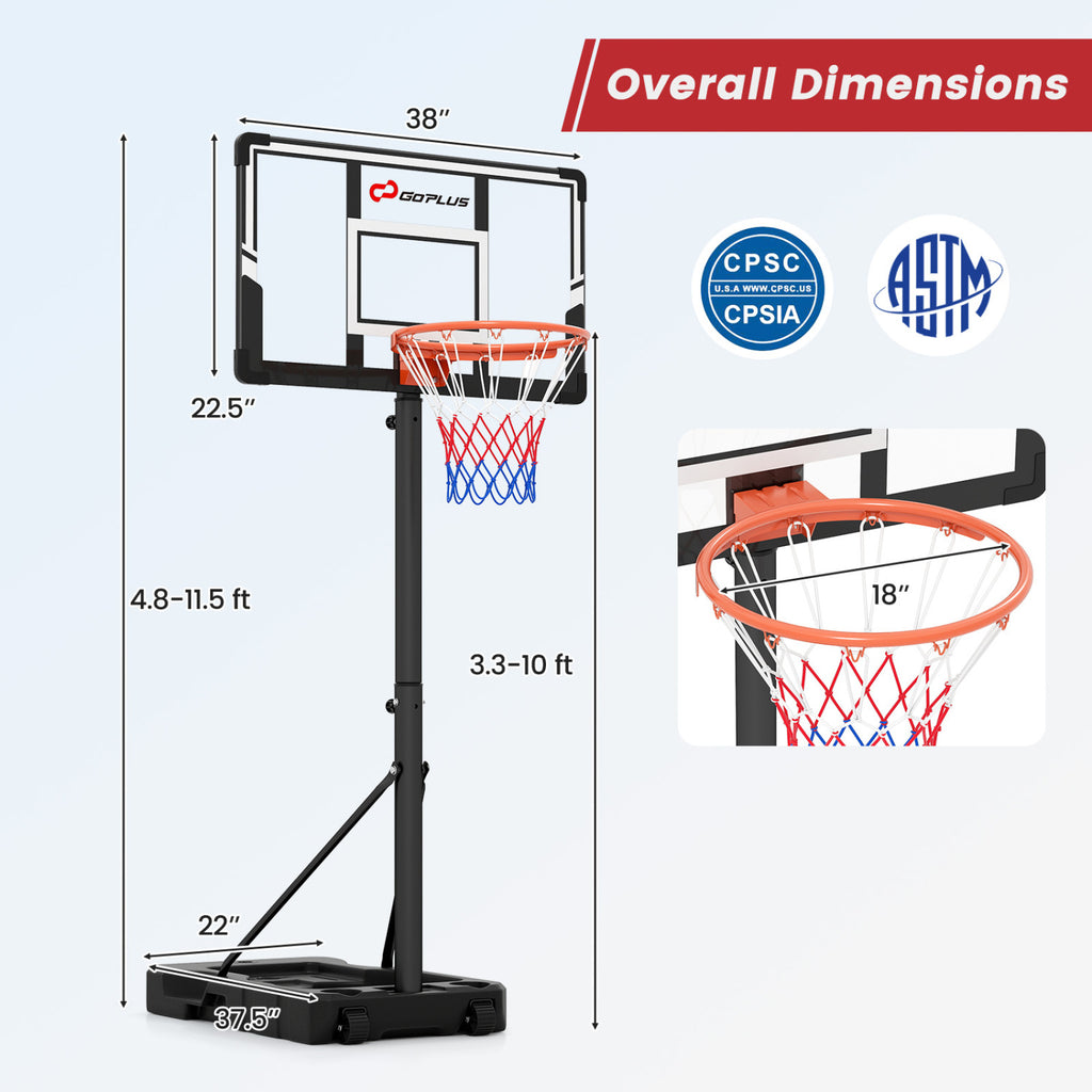 Portable Basketball Hoop with Adjustable Height 3.3-10 Feet, Base & Wheels