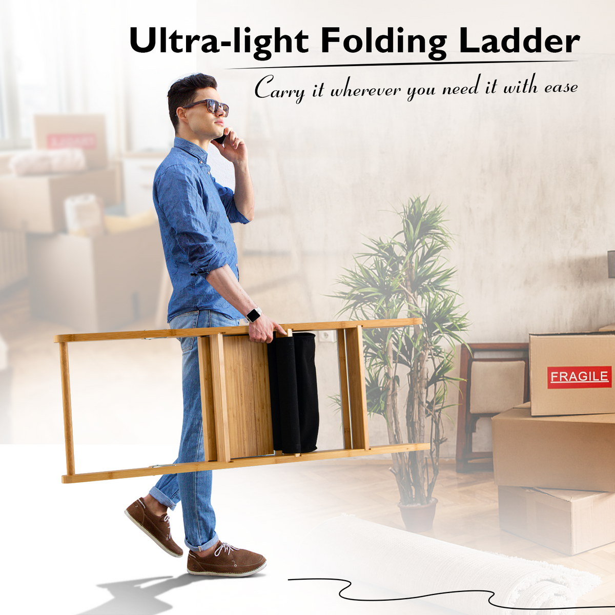 3 Step Foldable Bamboo Ladder Stool with Tool Storage Bag