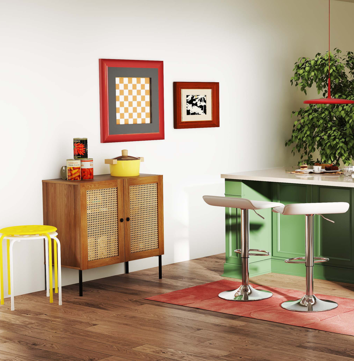 5-Piece Kitchen Dining Bundle: Bar Stools + Stackable Stools + Rattan Sideboard