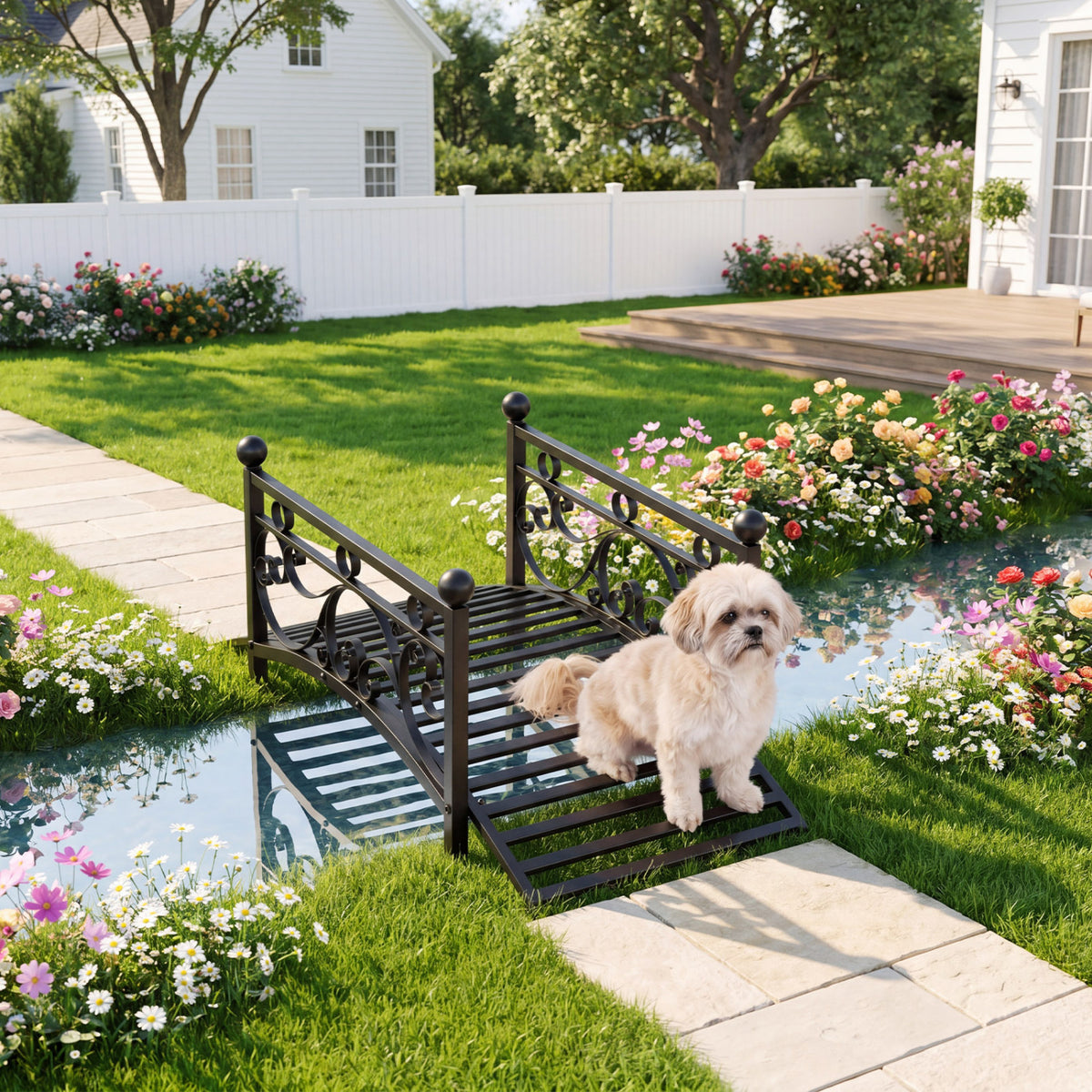 3.3 ft Garden Metal Bridge with Dual Patterned Side Rails - Straight Handrail Variation