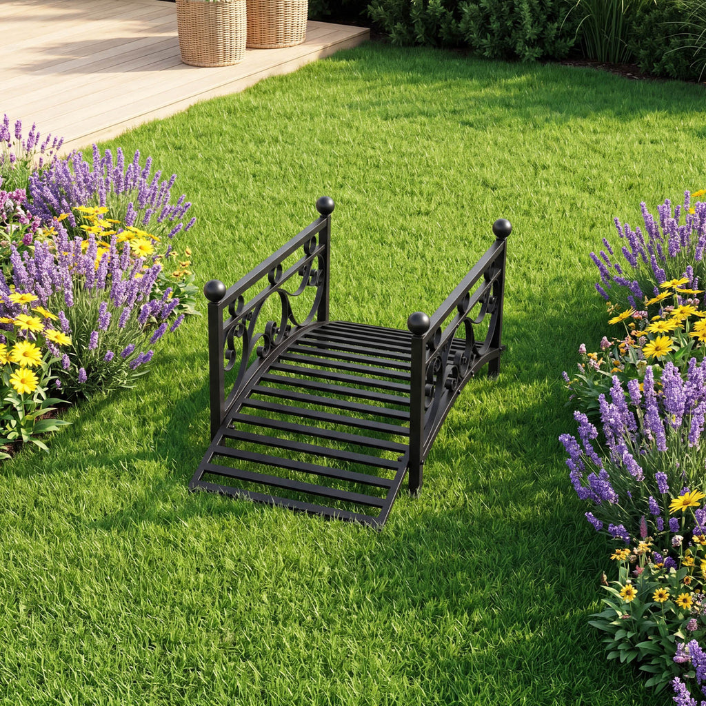 3.3 ft Garden Metal Bridge with Dual Patterned Side Rails - Straight Handrail Variation