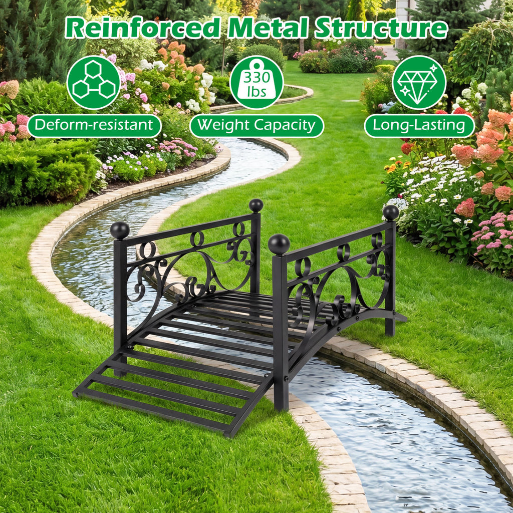 3.3 ft Garden Metal Bridge with Dual Patterned Side Rails - Straight Handrail Variation