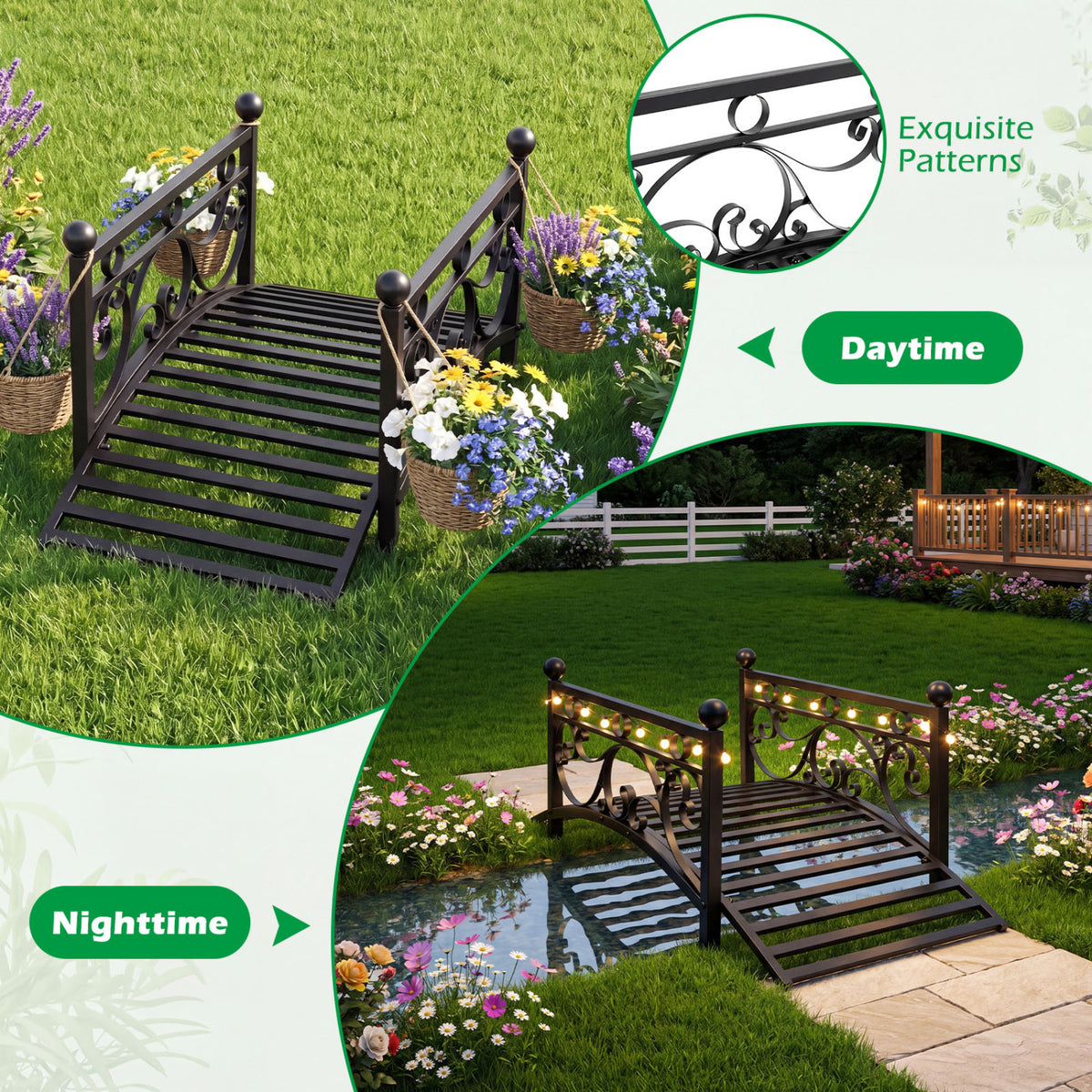3.3 ft Garden Metal Bridge with Dual Patterned Side Rails - Straight Handrail Variation