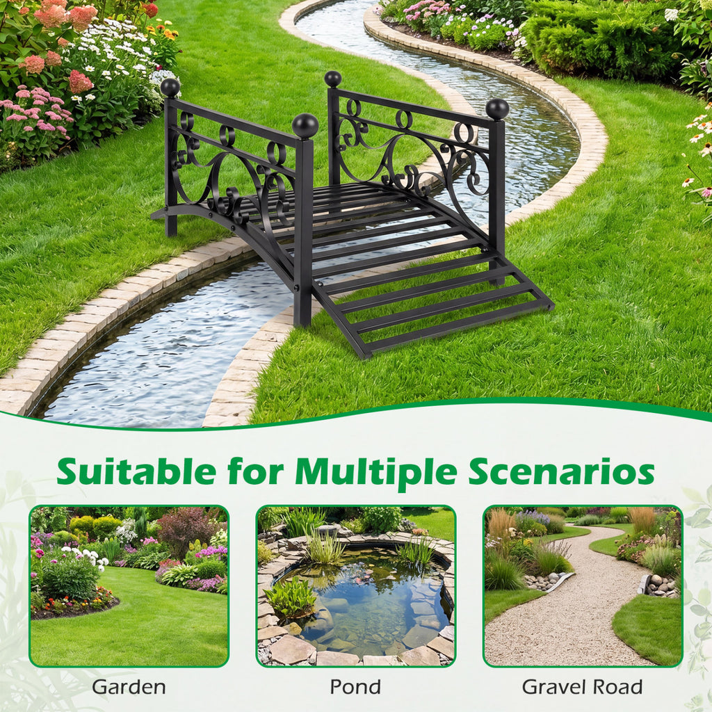 3.3 ft Garden Metal Bridge with Dual Patterned Side Rails - Straight Handrail Variation