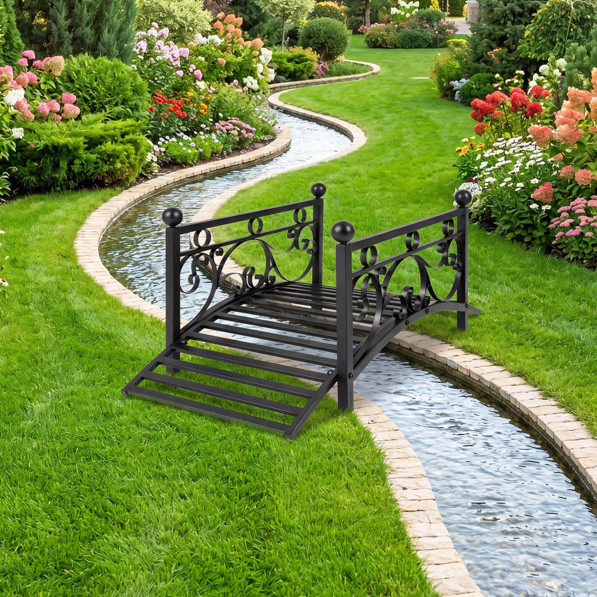 3.3 ft Garden Metal Bridge with Dual Patterned Side Rails - Straight Handrail Variation