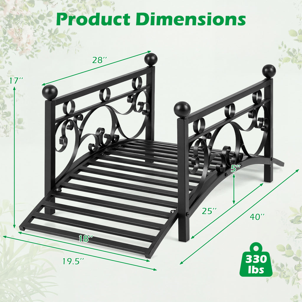 3.3 ft Garden Metal Bridge with Dual Patterned Side Rails - Straight Handrail Variation