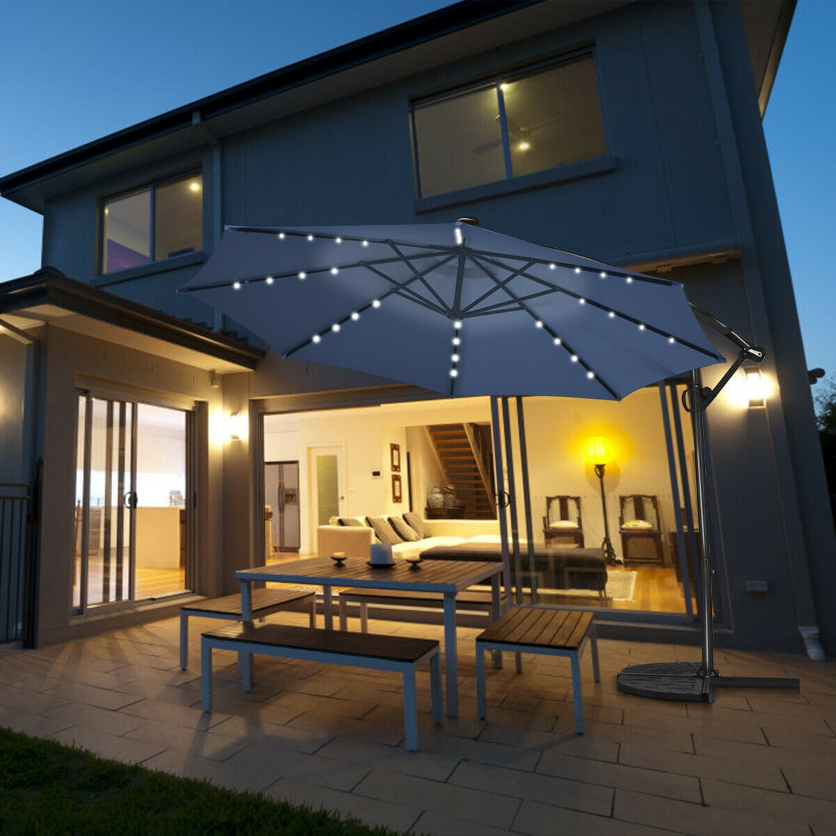 10 x 8 Feet Solar LED Patio Umbrella, 360° Rotation, Blue