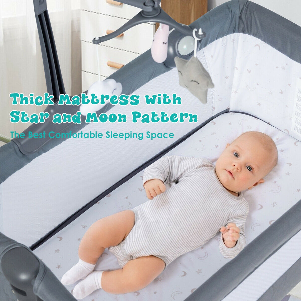 Height Adjustable Baby Side Crib with Music Box & Toys - Dark Gray