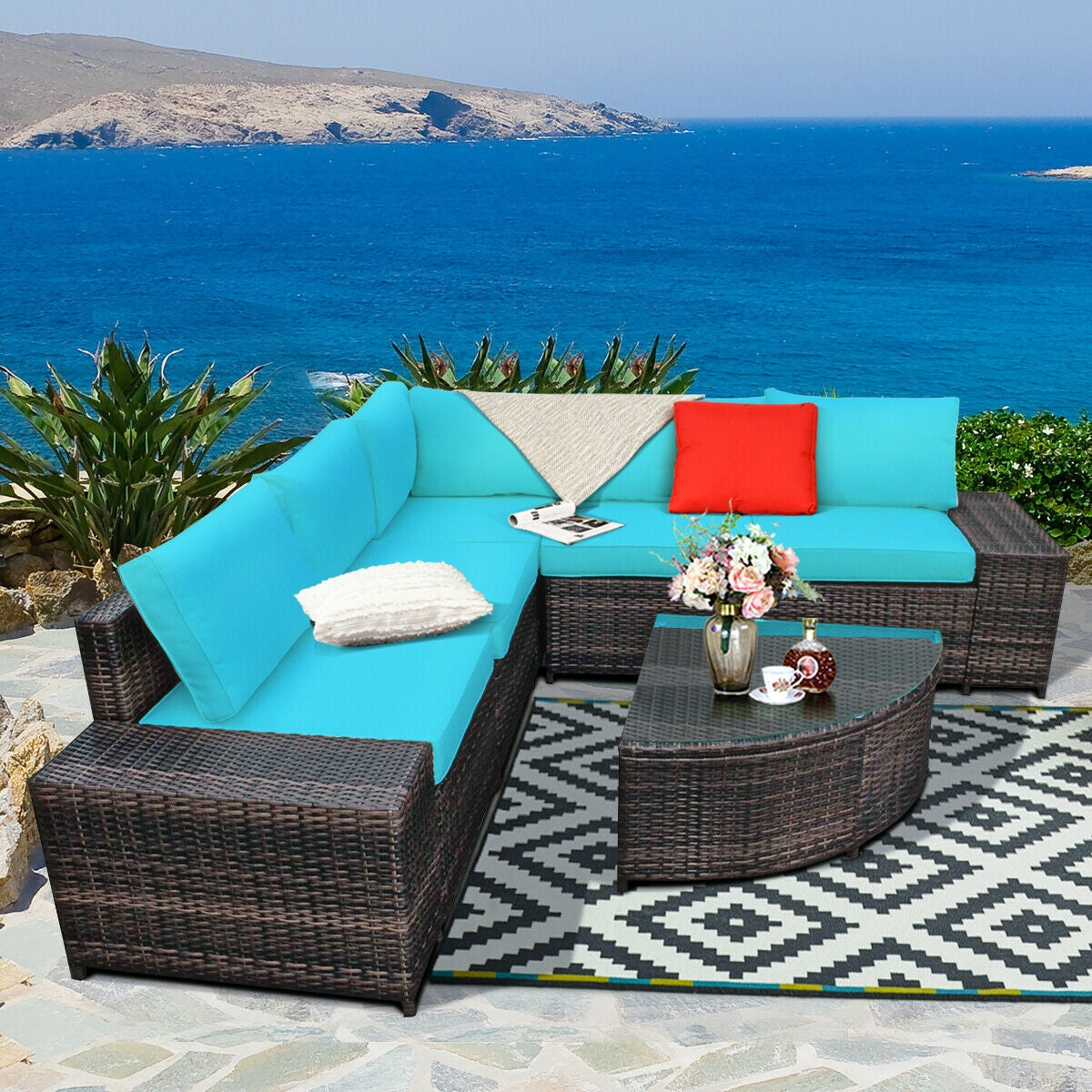 6 Piece Wicker Patio Sectional Sofa Set with Tempered Glass Coffee