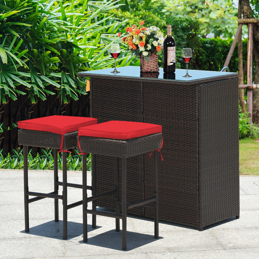 3 Pieces Outdoor Rattan Wicker Bar Set with 2 Cushions Stools