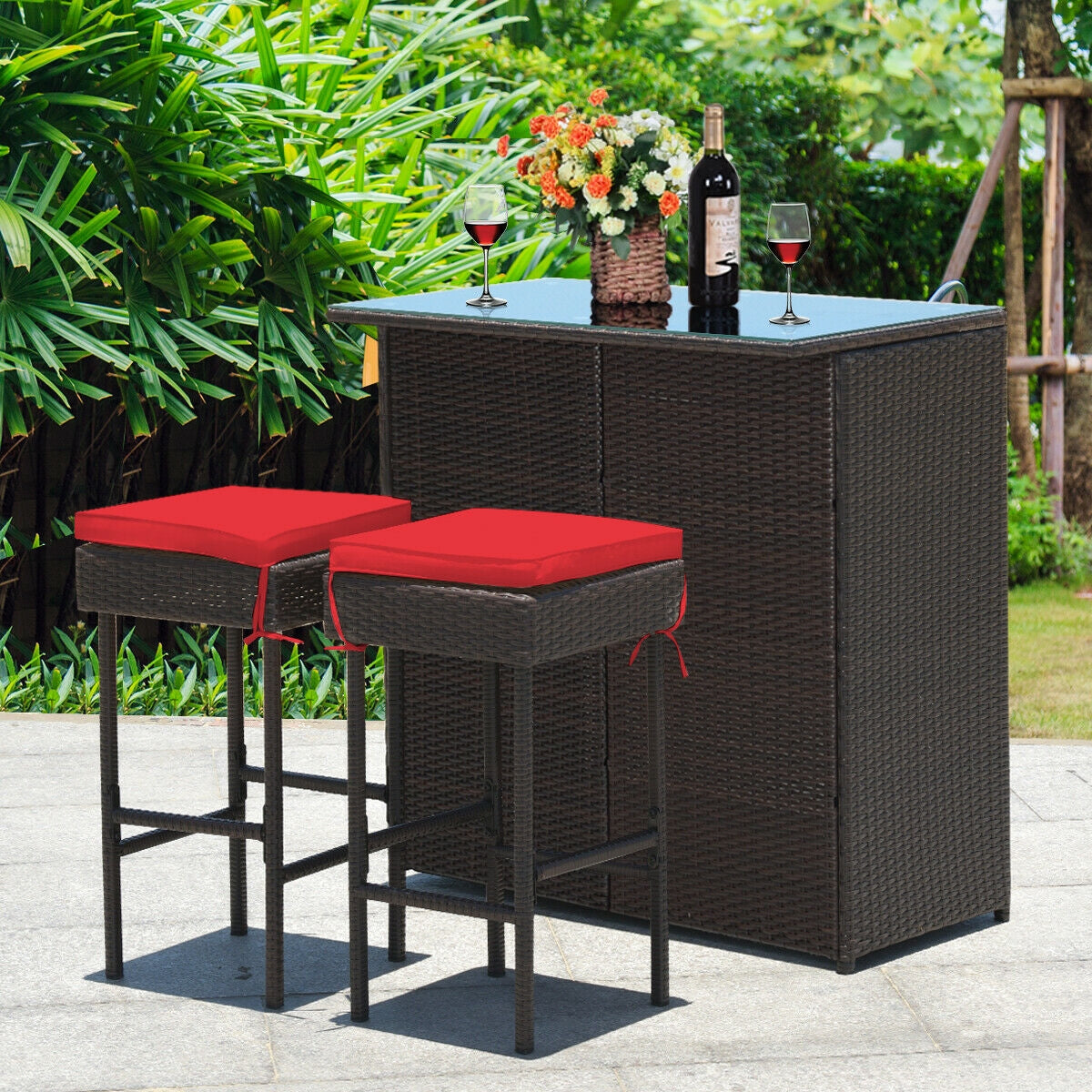 3 Pieces Outdoor Rattan Wicker Bar Set with 2 Cushions Stools